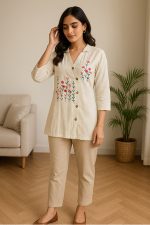 Khadi short kurti embroidery work midium length sleeves   flawor