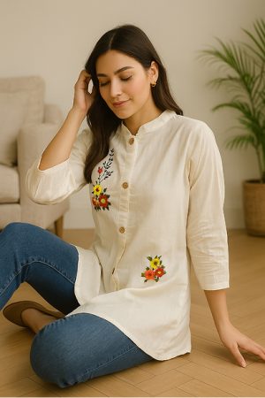 Khadi short kurti embroidery work midium length sleeves   yellow flawor