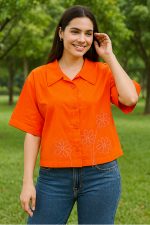 Lining t-shirt hand embroidery work Orange