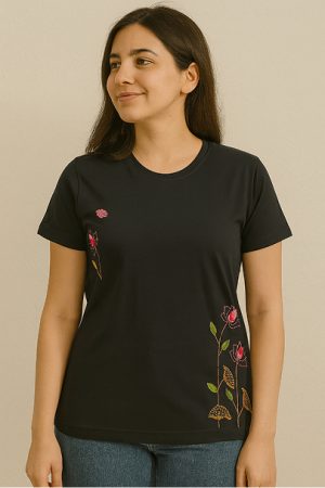 T-shirt hand embroidery work  flower black