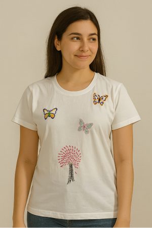 T-shirt hand embroidery work  white butterfly