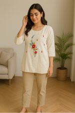 Khadi short kurti embroidery work midium length sleeves