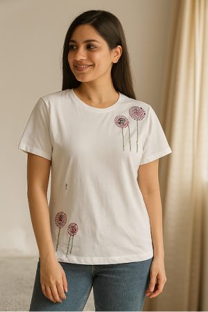 T-shirt hand embroidery work  white two flower